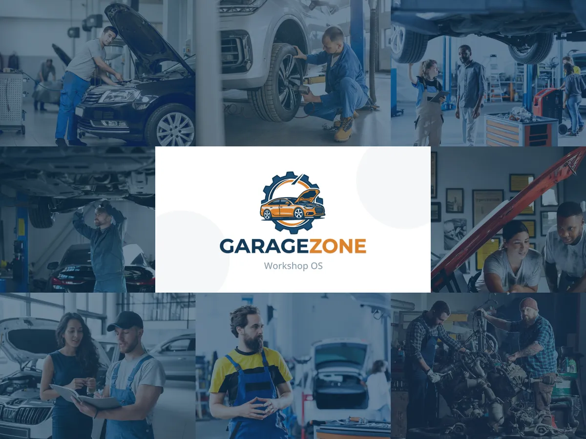 GarageZone, Workshop OS: the GarageZone logo framed by photos of mechanics at work in service bays